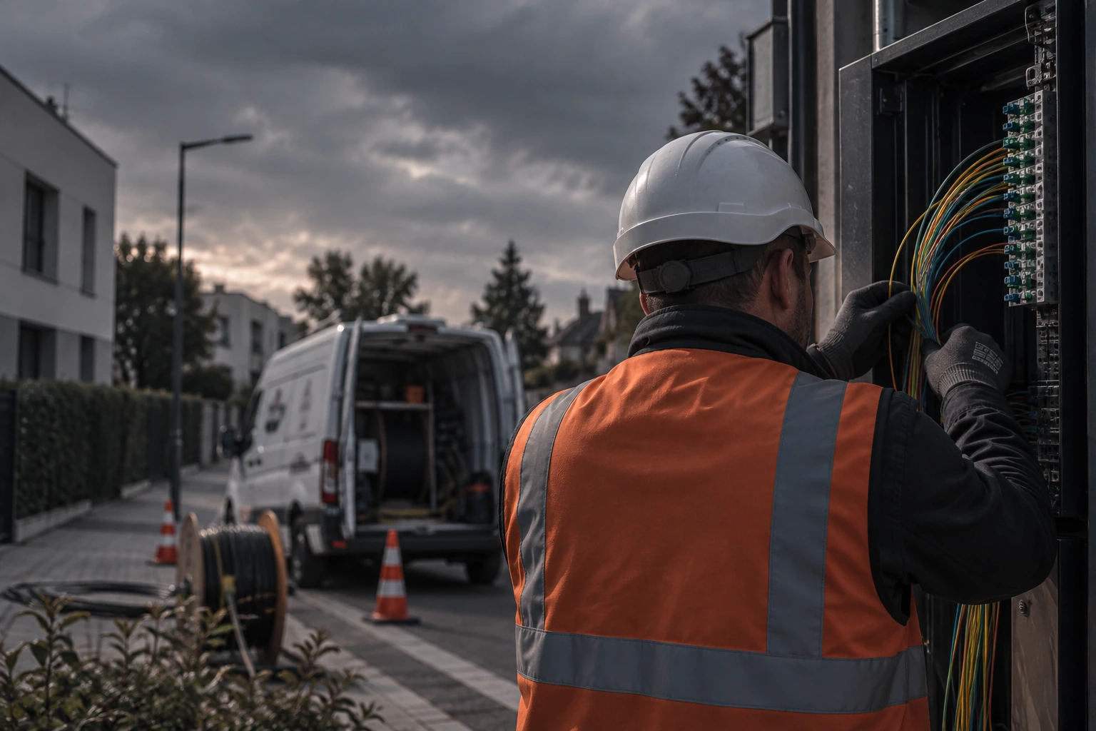 Technicien intervenant sur un réseau de fibre optique