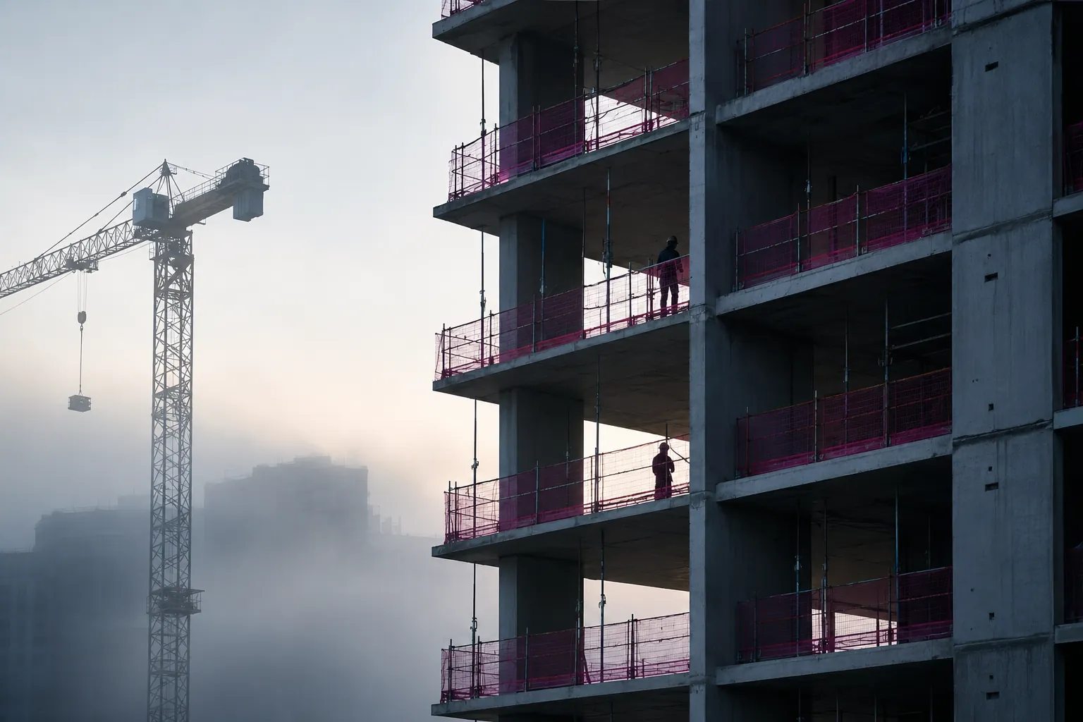 Immeuble en construction émergeant de la brume avec grue au lever du jour