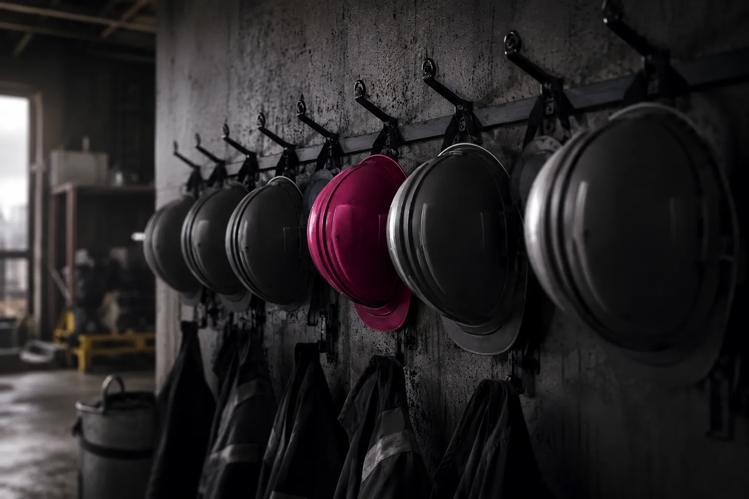 Rangée de casques de chantier suspendus, un casque framboise au centre