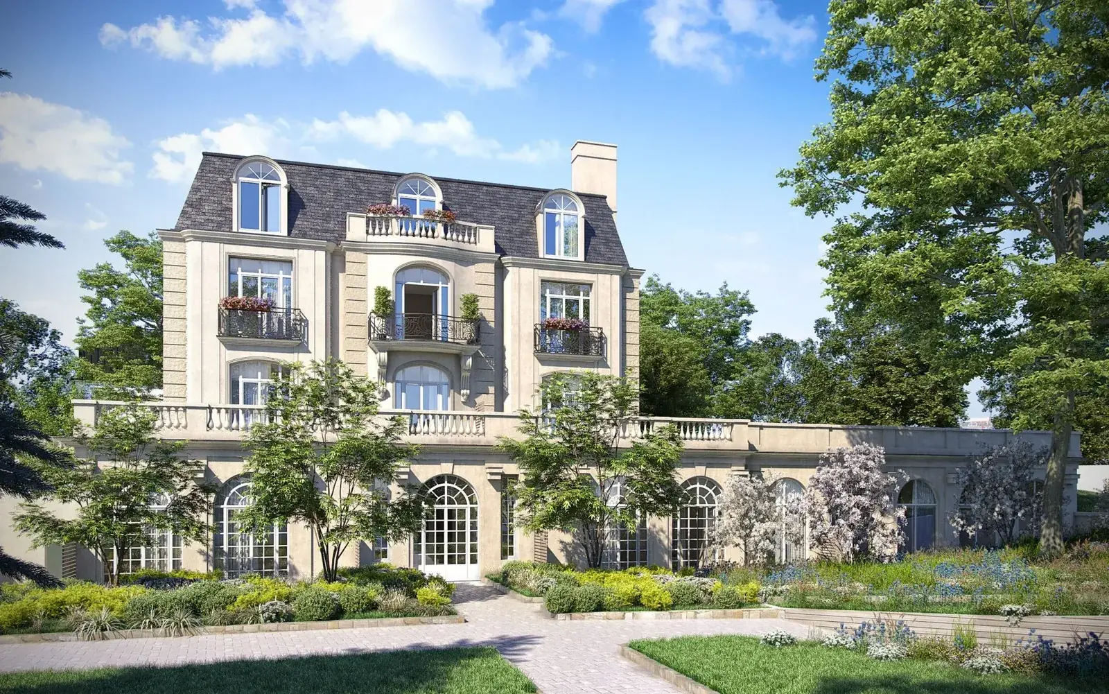 Perspective du Domaine ABACA à Garches : hôtel particulier d'inspiration classique dans un parc arboré