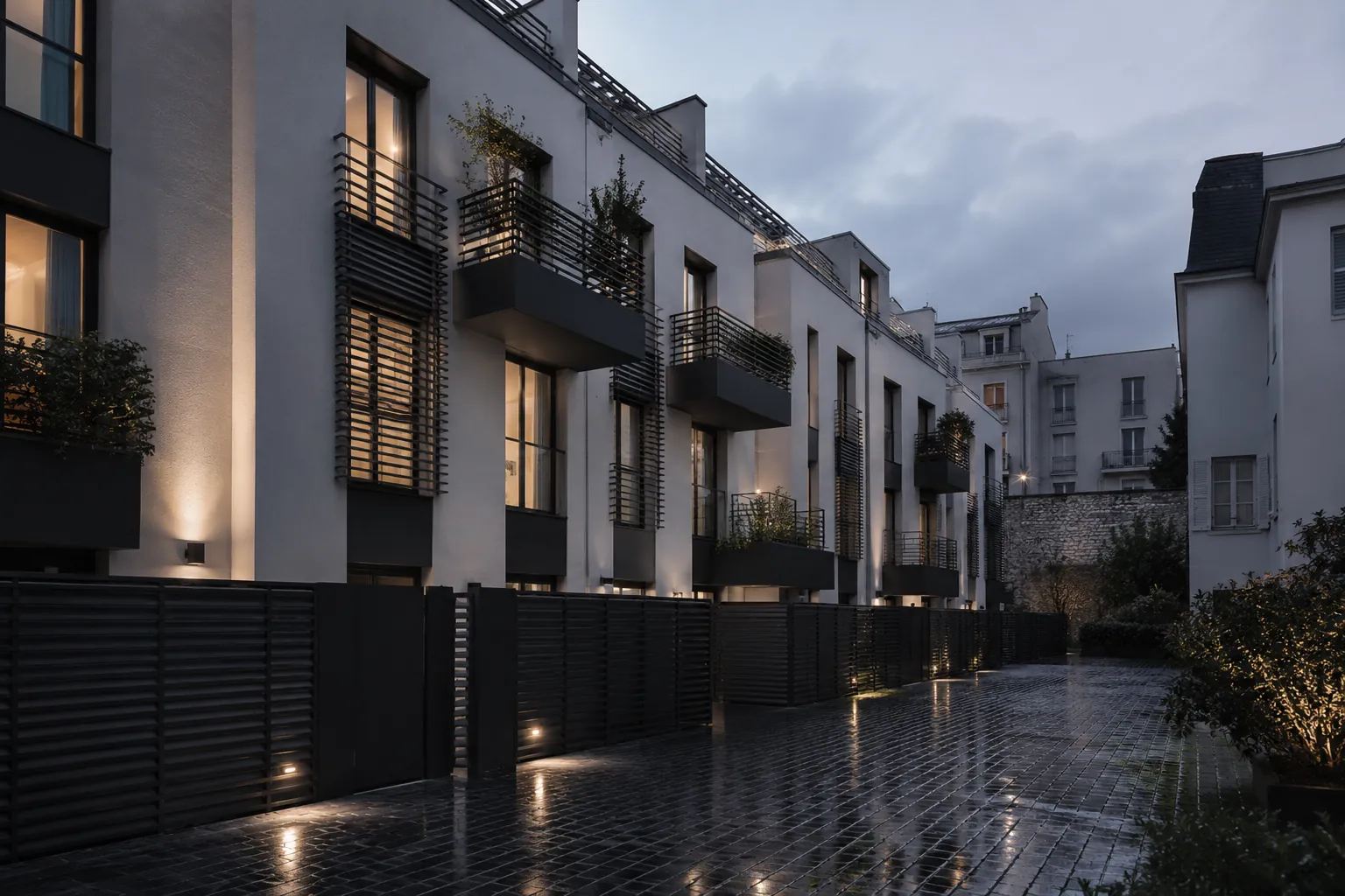 Alignement de villas urbaines contemporaines au crépuscule — photo d'illustration
