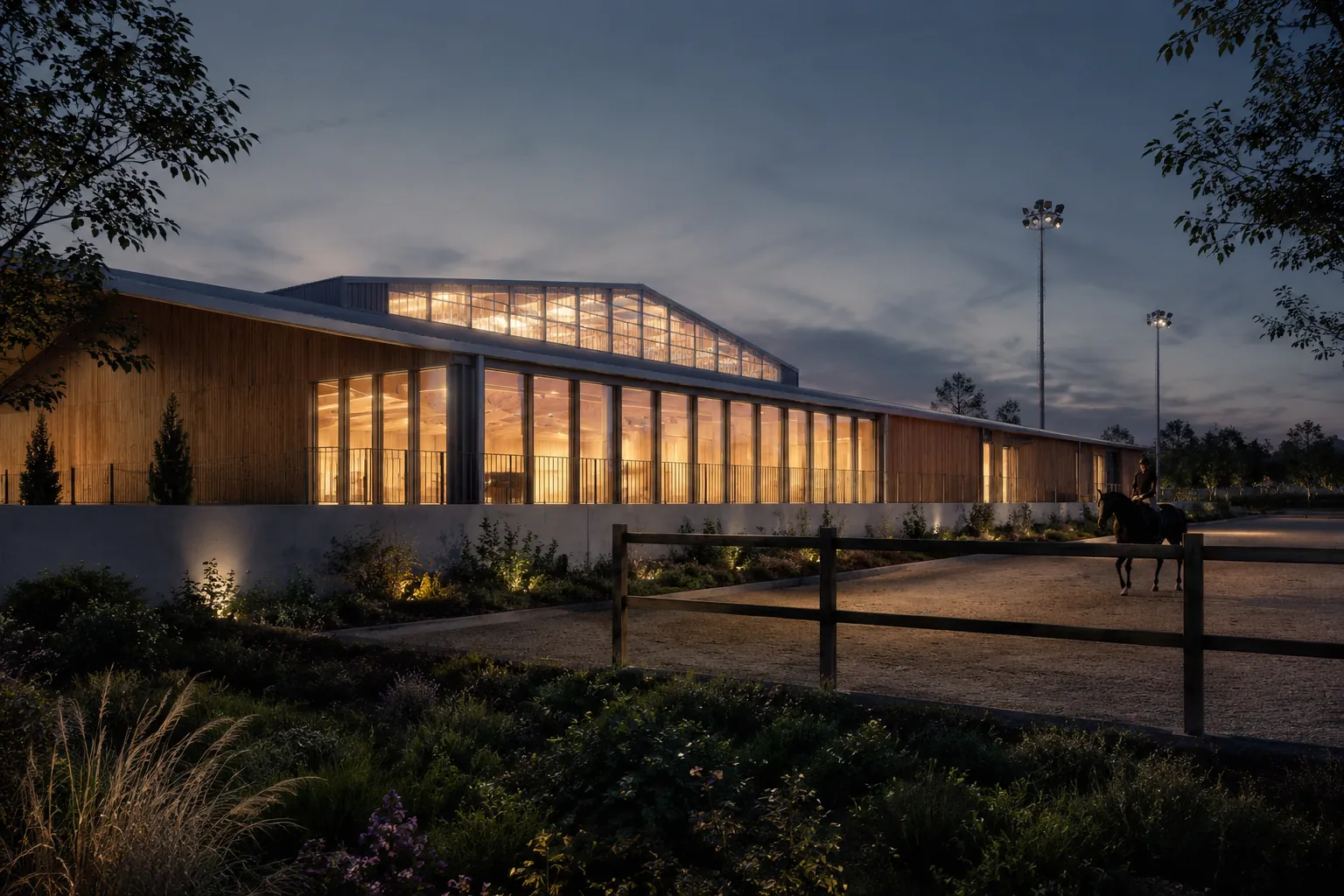 Bâtiment équestre en bois éclairé au crépuscule, cavalier dans la carrière — photo d'illustration