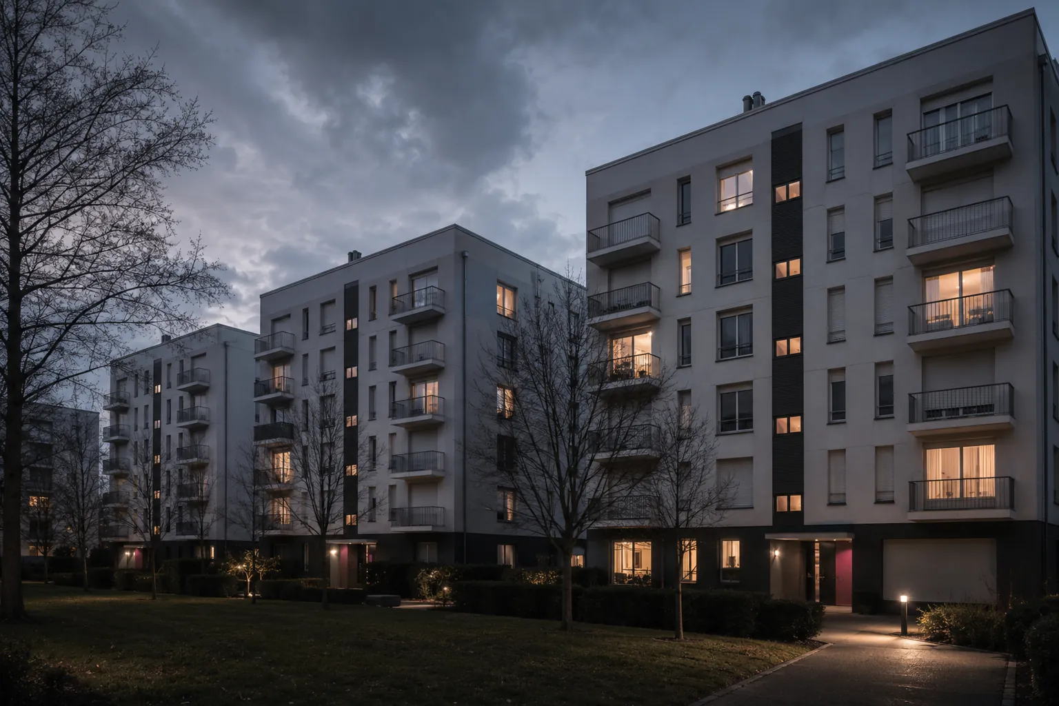 Ensemble de bâtiments de logements R+5 au crépuscule — photo d'illustration